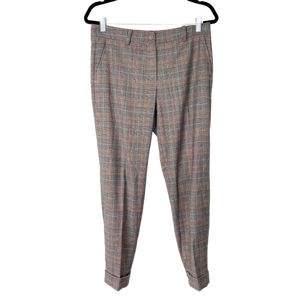Riani‎ Woman's Sz 10 Brown Plaid Wool Blend Tapered Leg Mid Rise Trouser Pants